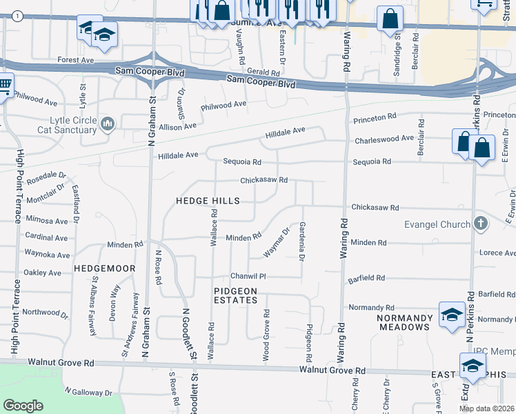 map of restaurants, bars, coffee shops, grocery stores, and more near 279 Belhaven Street in Memphis