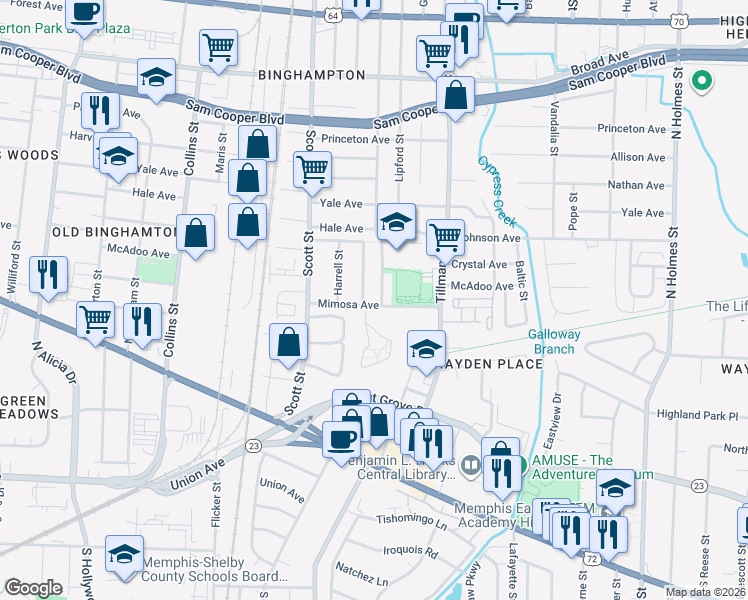 map of restaurants, bars, coffee shops, grocery stores, and more near 2923 Mimosa Avenue in Memphis