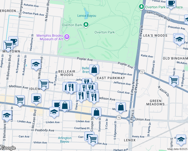 map of restaurants, bars, coffee shops, grocery stores, and more near in Memphis