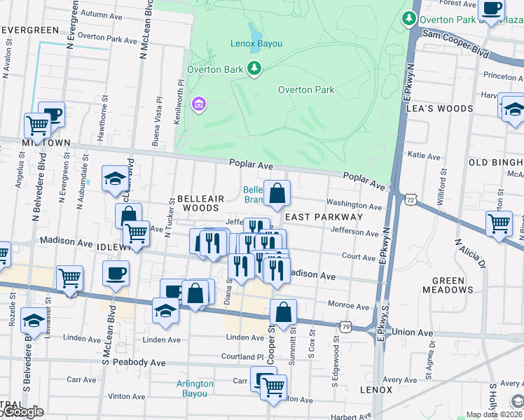 map of restaurants, bars, coffee shops, grocery stores, and more near 2102 Jefferson Avenue in Memphis