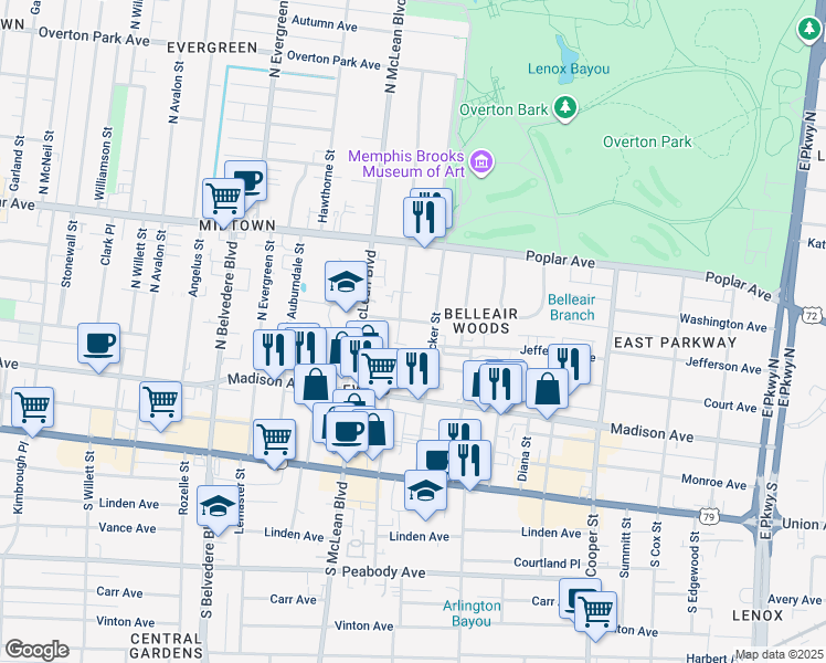 map of restaurants, bars, coffee shops, grocery stores, and more near 57 North Tucker Street in Memphis