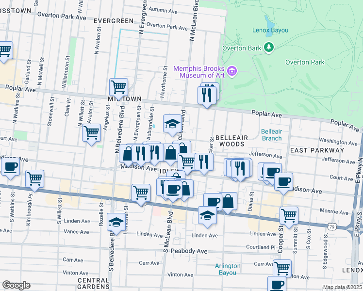 map of restaurants, bars, coffee shops, grocery stores, and more near 1874 Court Avenue in Memphis