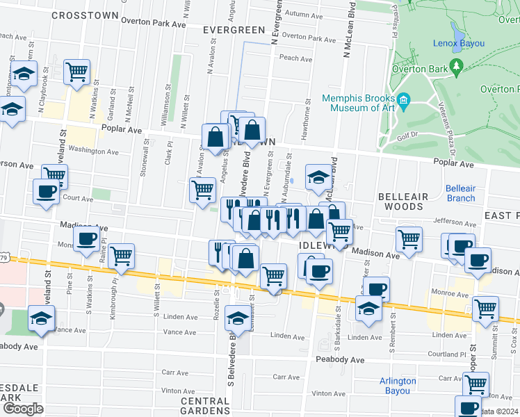 map of restaurants, bars, coffee shops, grocery stores, and more near 70 North Evergreen Street in Memphis