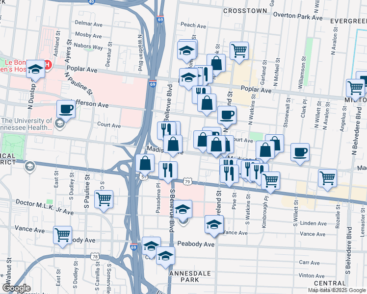 map of restaurants, bars, coffee shops, grocery stores, and more near 1245 Madison Avenue in Memphis