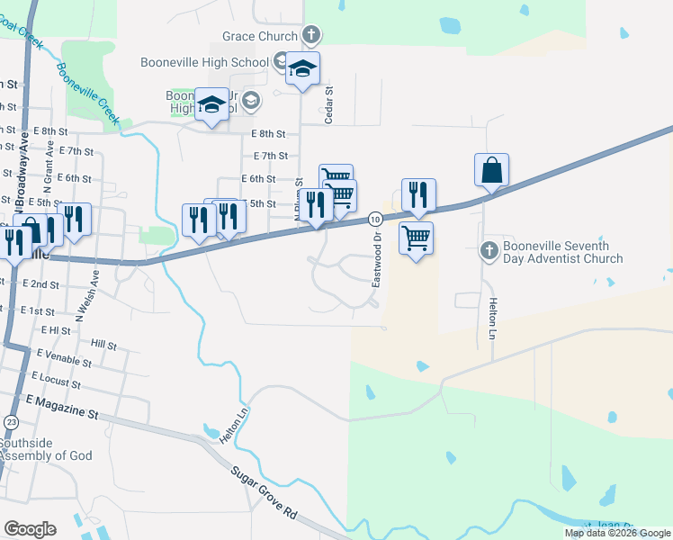 map of restaurants, bars, coffee shops, grocery stores, and more near 1200 Sycamore Lane in Booneville