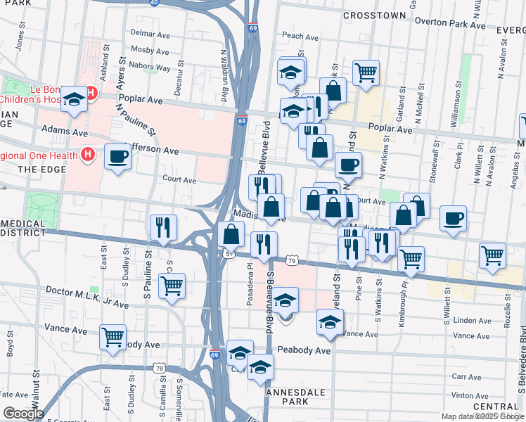 map of restaurants, bars, coffee shops, grocery stores, and more near 1225 Madison Avenue in Memphis