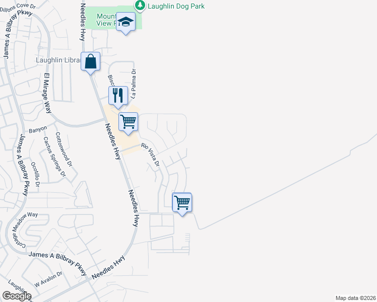 map of restaurants, bars, coffee shops, grocery stores, and more near 1647 Granada Street in Laughlin