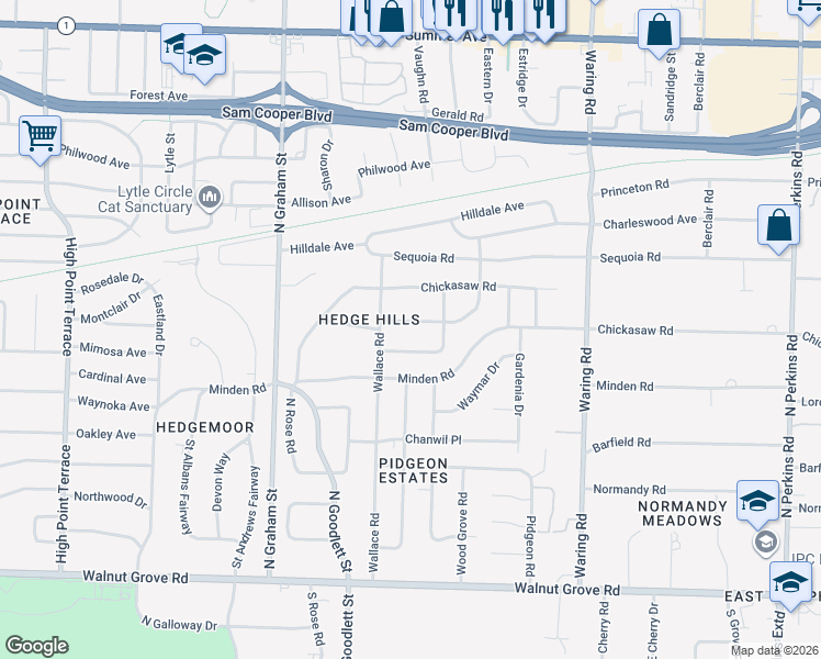 map of restaurants, bars, coffee shops, grocery stores, and more near 4144 Hedge Hills Avenue in Memphis