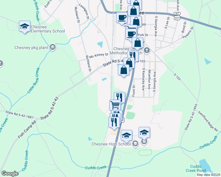 map of restaurants, bars, coffee shops, grocery stores, and more near 638 State Road S-42-2884 in Chesnee