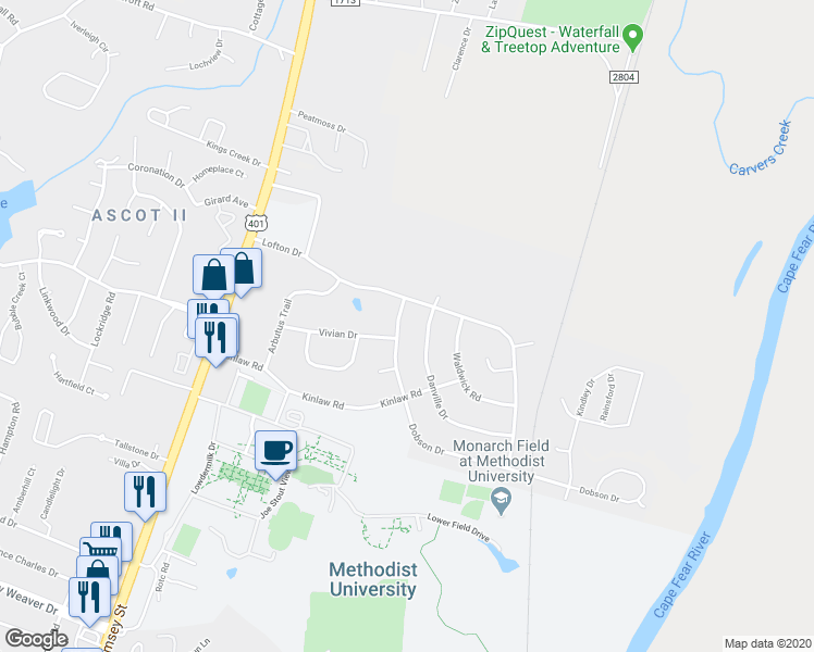 map of restaurants, bars, coffee shops, grocery stores, and more near 5830 Dobson Drive in Fayetteville