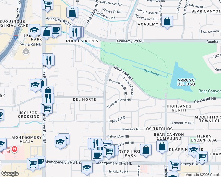 map of restaurants, bars, coffee shops, grocery stores, and more near 6217 Jeffery Avenue Northeast in Albuquerque