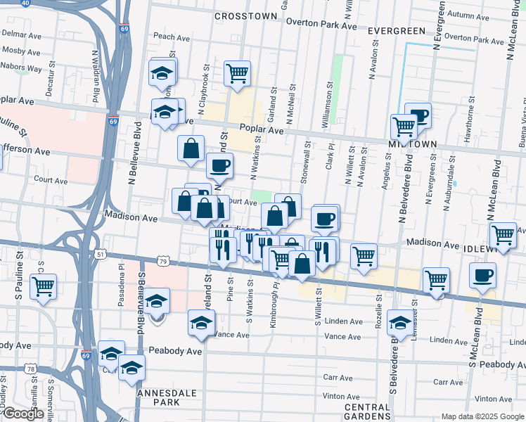 map of restaurants, bars, coffee shops, grocery stores, and more near 1424 Madison Avenue in Memphis