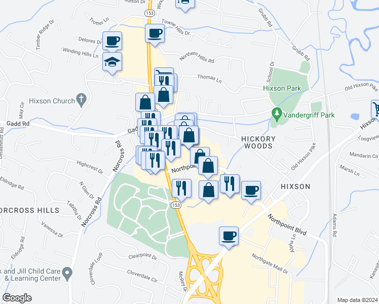 map of restaurants, bars, coffee shops, grocery stores, and more near 5450 Highway 153 in Chattanooga