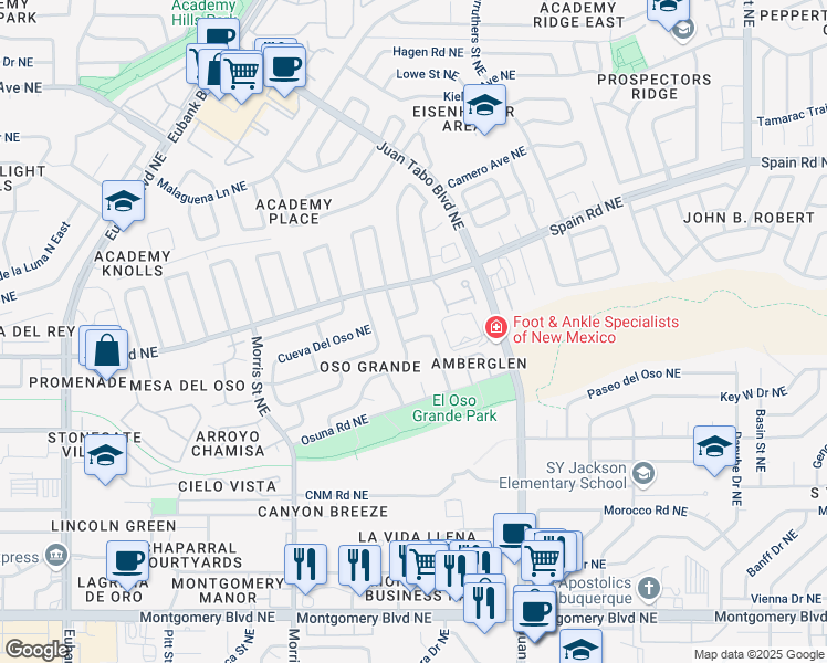 map of restaurants, bars, coffee shops, grocery stores, and more near 5009 Edwards Drive Northeast in Albuquerque