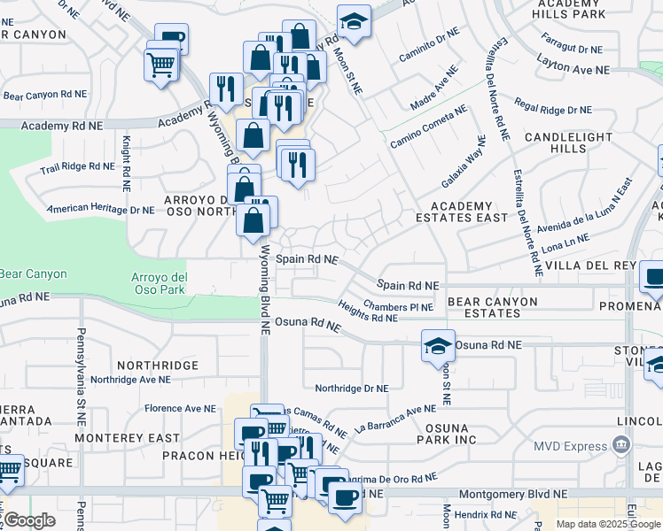 map of restaurants, bars, coffee shops, grocery stores, and more near 8444 Spain Road Northeast in Albuquerque
