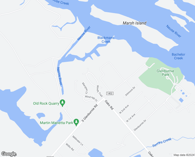 map of restaurants, bars, coffee shops, grocery stores, and more near 3628 Windy Trail in New Bern