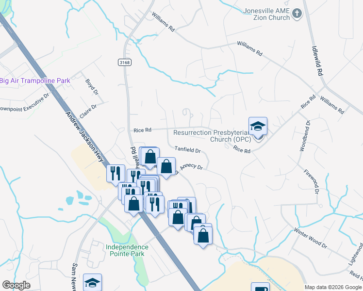 map of restaurants, bars, coffee shops, grocery stores, and more near 1936 Tanfield Drive in Matthews