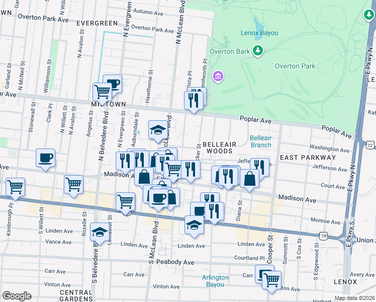 map of restaurants, bars, coffee shops, grocery stores, and more near 57 North Tucker Street in Memphis