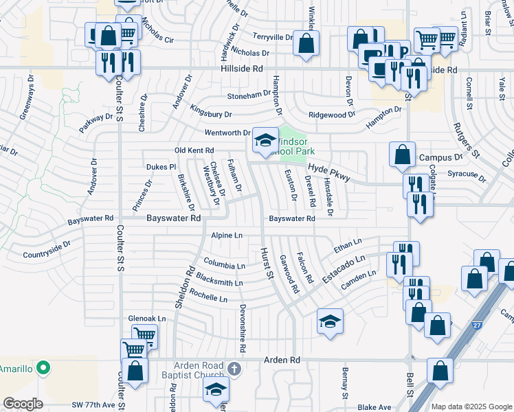 map of restaurants, bars, coffee shops, grocery stores, and more near 6468 Hurst Street in Amarillo