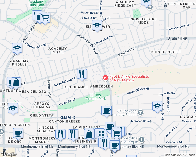 map of restaurants, bars, coffee shops, grocery stores, and more near 10701 Tranquilo Road Northeast in Albuquerque