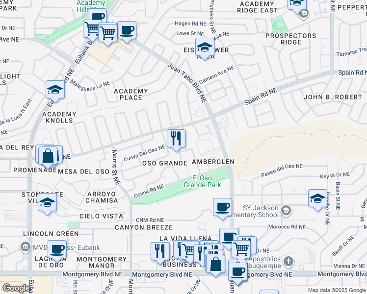map of restaurants, bars, coffee shops, grocery stores, and more near 5009 Edwards Drive Northeast in Albuquerque