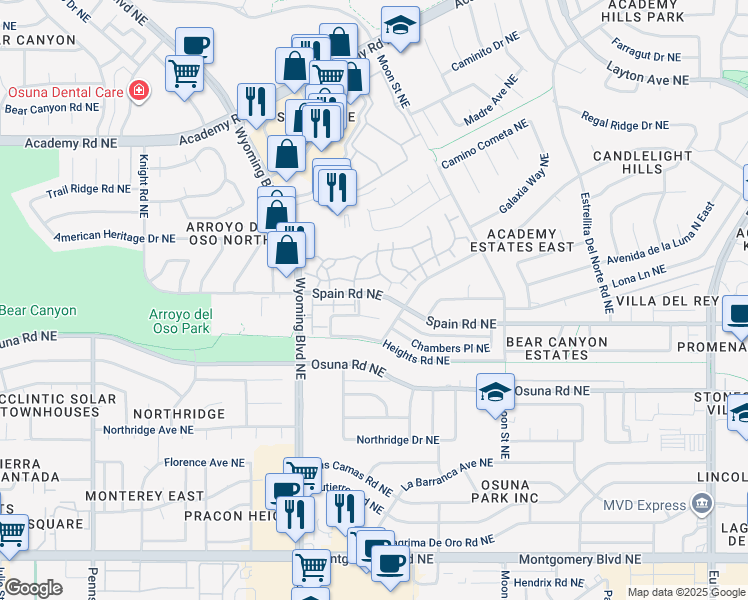 map of restaurants, bars, coffee shops, grocery stores, and more near 8440 Chambers Court Northeast in Albuquerque