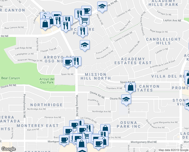 map of restaurants, bars, coffee shops, grocery stores, and more near 8440 Chambers Court Northeast in Albuquerque