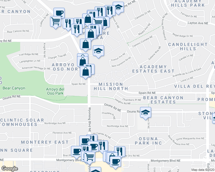 map of restaurants, bars, coffee shops, grocery stores, and more near 8440 Chambers Court Northeast in Albuquerque