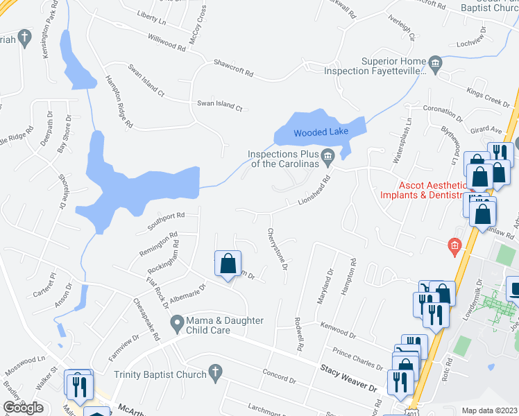 map of restaurants, bars, coffee shops, grocery stores, and more near 510 Lionshead Road in Fayetteville