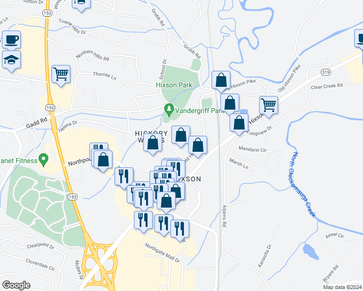 map of restaurants, bars, coffee shops, grocery stores, and more near 5217 Hickory Nut Lane in Chattanooga