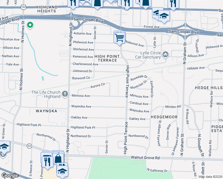 map of restaurants, bars, coffee shops, grocery stores, and more near 3686 Mimosa Avenue in Memphis