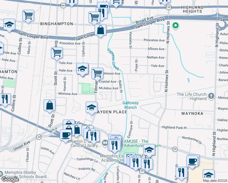 map of restaurants, bars, coffee shops, grocery stores, and more near 3052 Tillman Cove in Memphis
