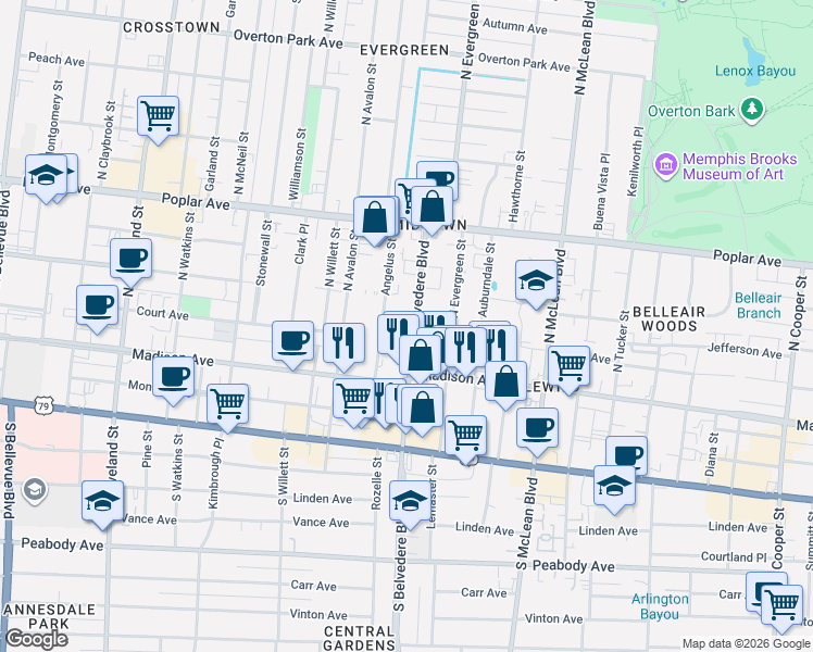 map of restaurants, bars, coffee shops, grocery stores, and more near 44 North Belvedere Boulevard in Memphis
