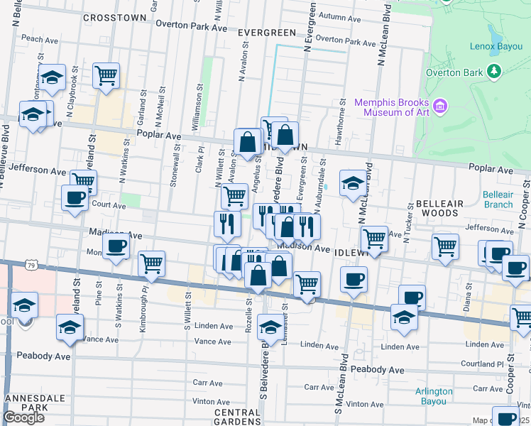 map of restaurants, bars, coffee shops, grocery stores, and more near 38 Angelus Street in Memphis