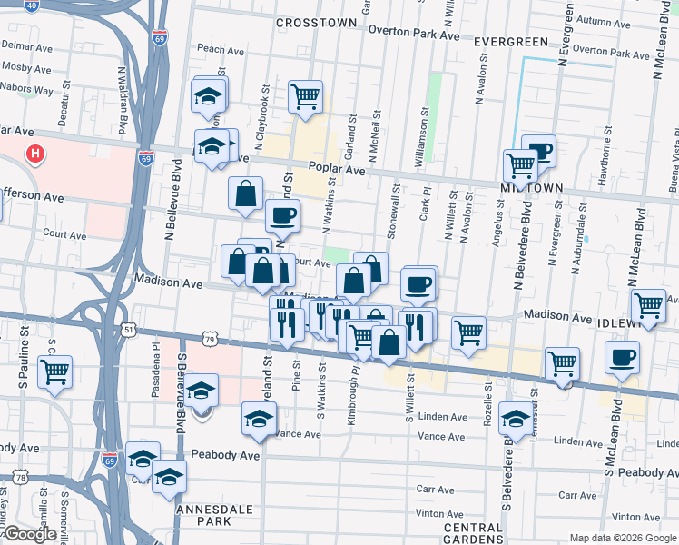 map of restaurants, bars, coffee shops, grocery stores, and more near 1424 Madison Avenue in Memphis