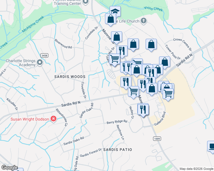 map of restaurants, bars, coffee shops, grocery stores, and more near 1203 Maple Shade Lane in Charlotte