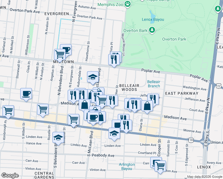 map of restaurants, bars, coffee shops, grocery stores, and more near 57 North Tucker Street in Memphis