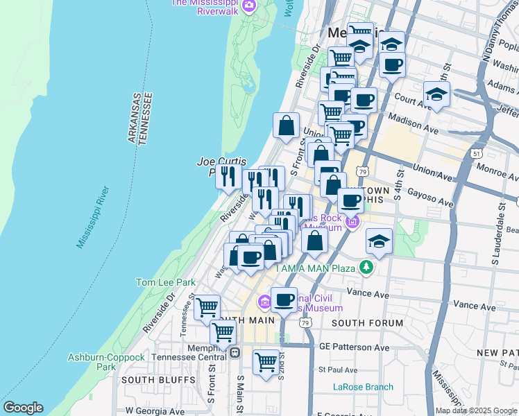 map of restaurants, bars, coffee shops, grocery stores, and more near 262 Wagner Place in Memphis