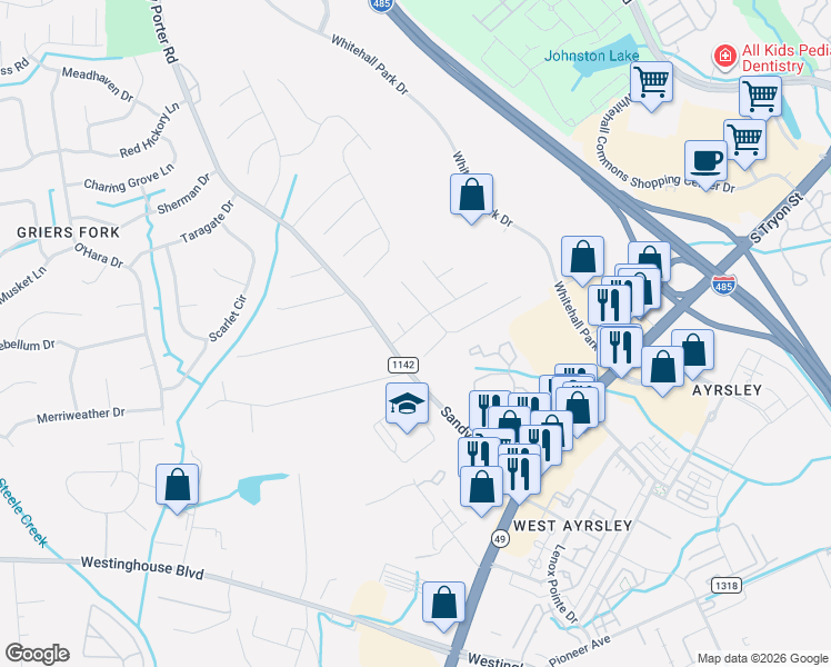 map of restaurants, bars, coffee shops, grocery stores, and more near 9024 Blueshot Court in Charlotte