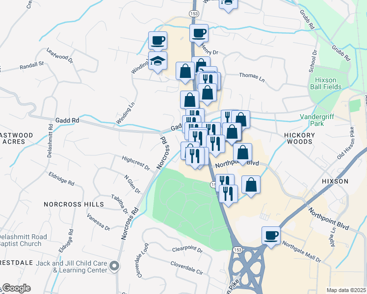 map of restaurants, bars, coffee shops, grocery stores, and more near 4708 Metro Park Lane in Chattanooga