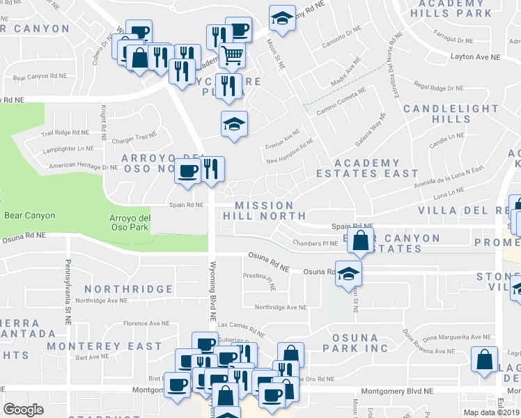 map of restaurants, bars, coffee shops, grocery stores, and more near 8440 Spain Road Northeast in Albuquerque
