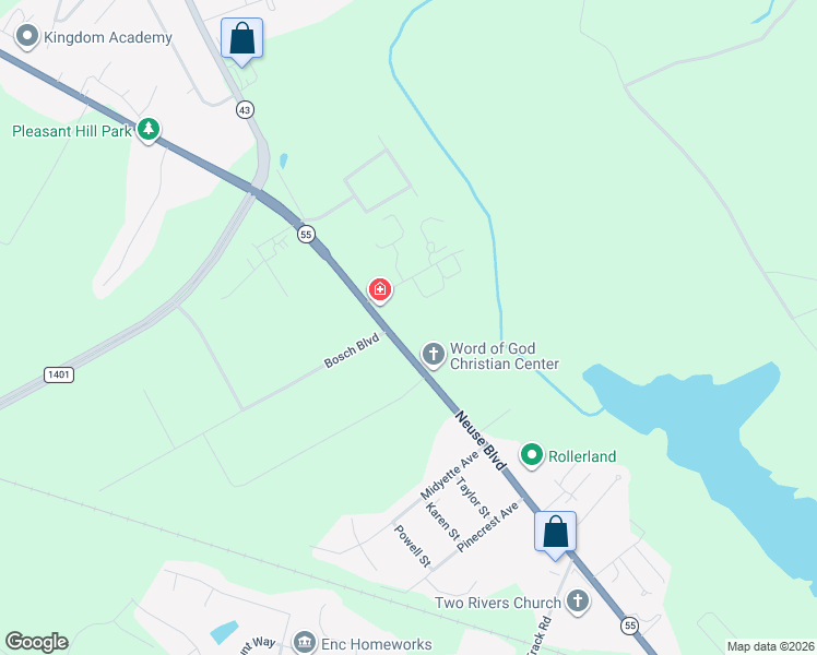 map of restaurants, bars, coffee shops, grocery stores, and more near 3660 Neuse Boulevard in New Bern