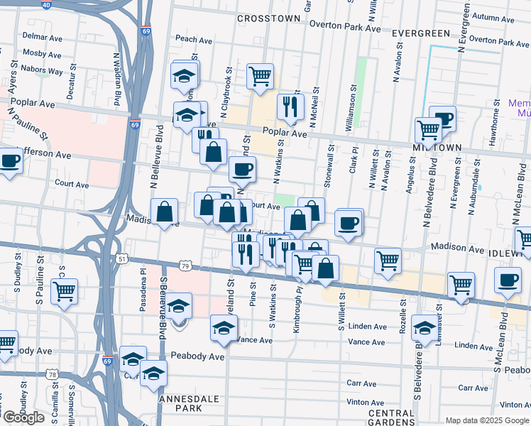 map of restaurants, bars, coffee shops, grocery stores, and more near 1384 Madison Avenue in Memphis