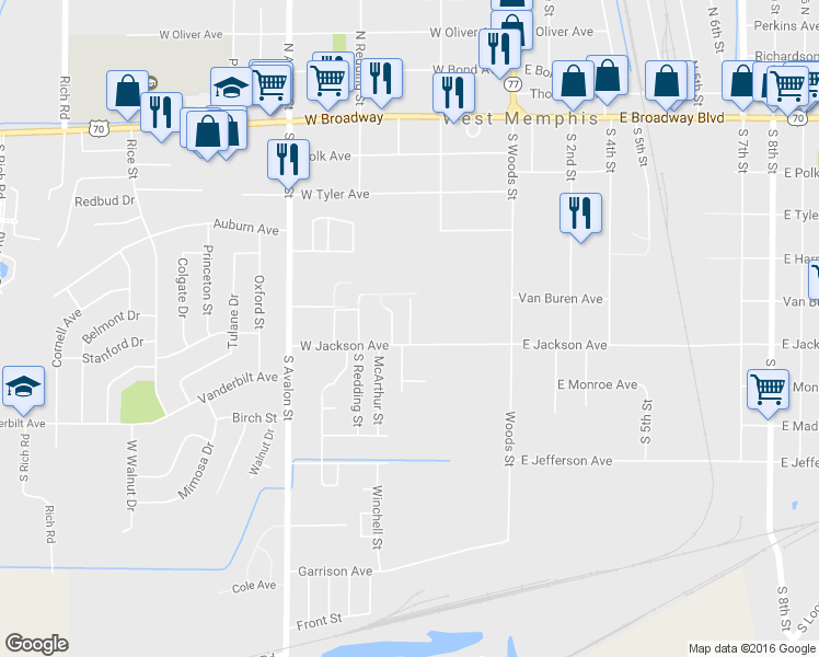 map of restaurants, bars, coffee shops, grocery stores, and more near Cypress Point Road in West Memphis
