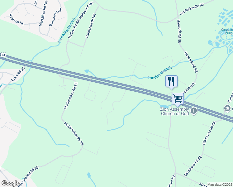 map of restaurants, bars, coffee shops, grocery stores, and more near 5168 Waterlevel Highway in Cleveland