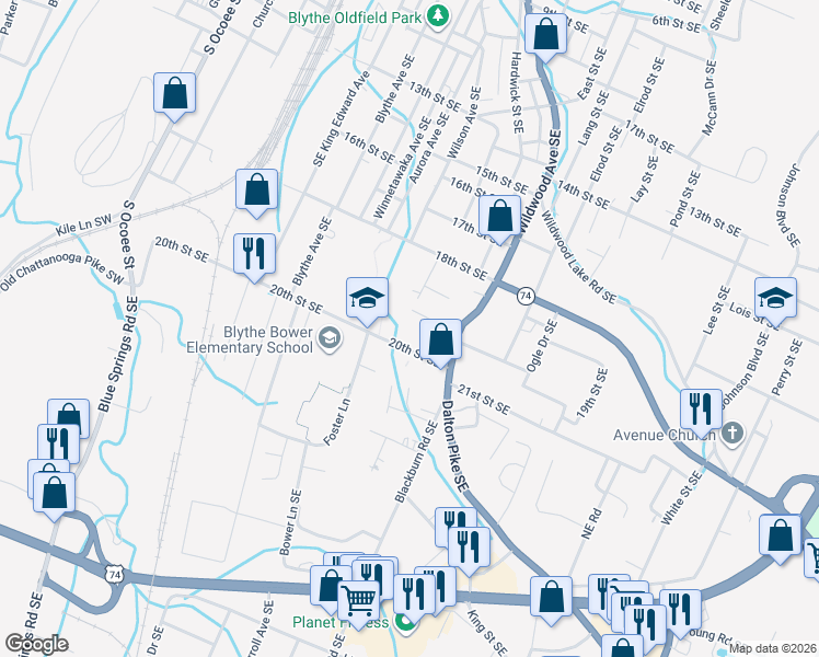 map of restaurants, bars, coffee shops, grocery stores, and more near 1855 Wilson Avenue Southeast in Cleveland