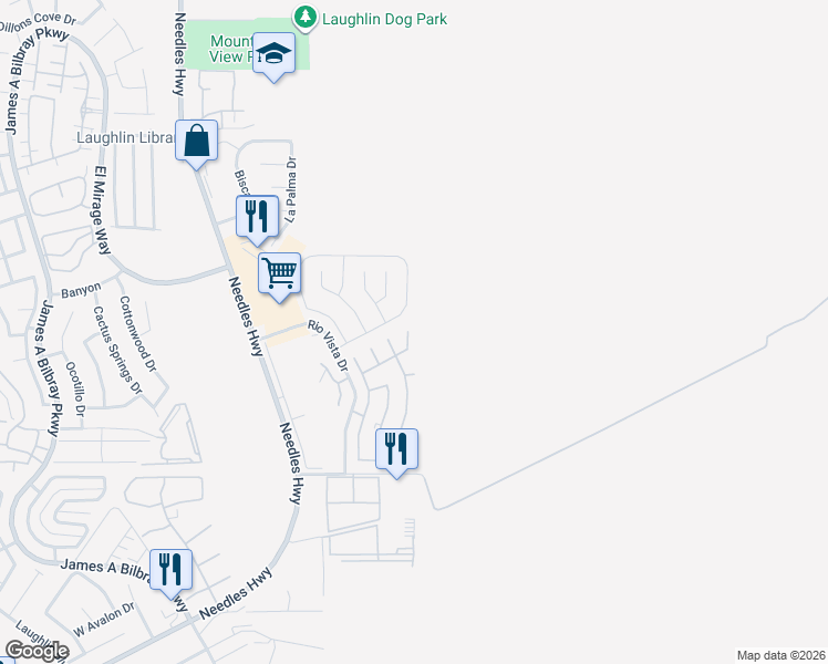 map of restaurants, bars, coffee shops, grocery stores, and more near 1601 West Paloma Avenue in Laughlin