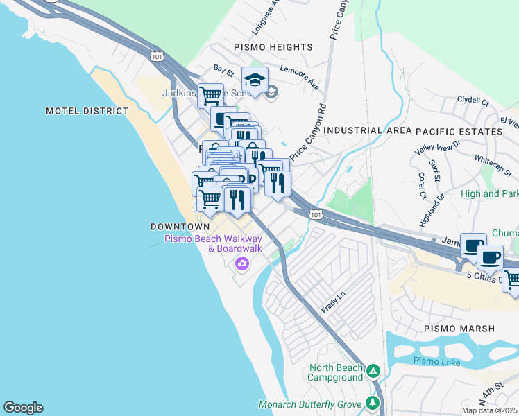 map of restaurants, bars, coffee shops, grocery stores, and more near 327 Stimson Avenue in Pismo Beach