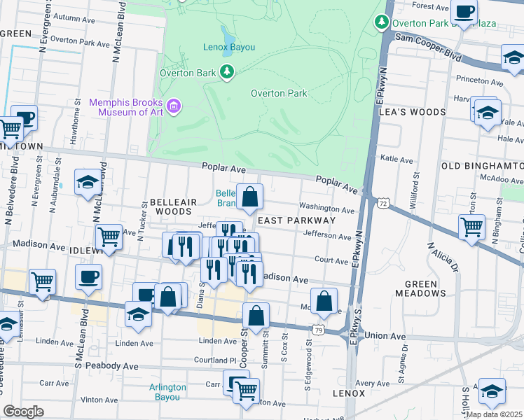 map of restaurants, bars, coffee shops, grocery stores, and more near 2153 Washington Avenue in Memphis