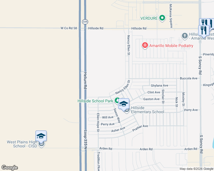 map of restaurants, bars, coffee shops, grocery stores, and more near 6098 Nancy Ellen Street in Amarillo